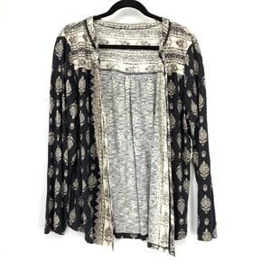 Style & Co Boho Blouse Womens Size L Button Front Black Cream Print Long Sleeve